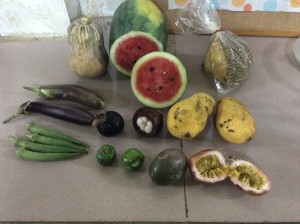 Squashes, watermelon, durian, mini aubergines, mangosteen, mangos, French beans, limes & pomegranate?